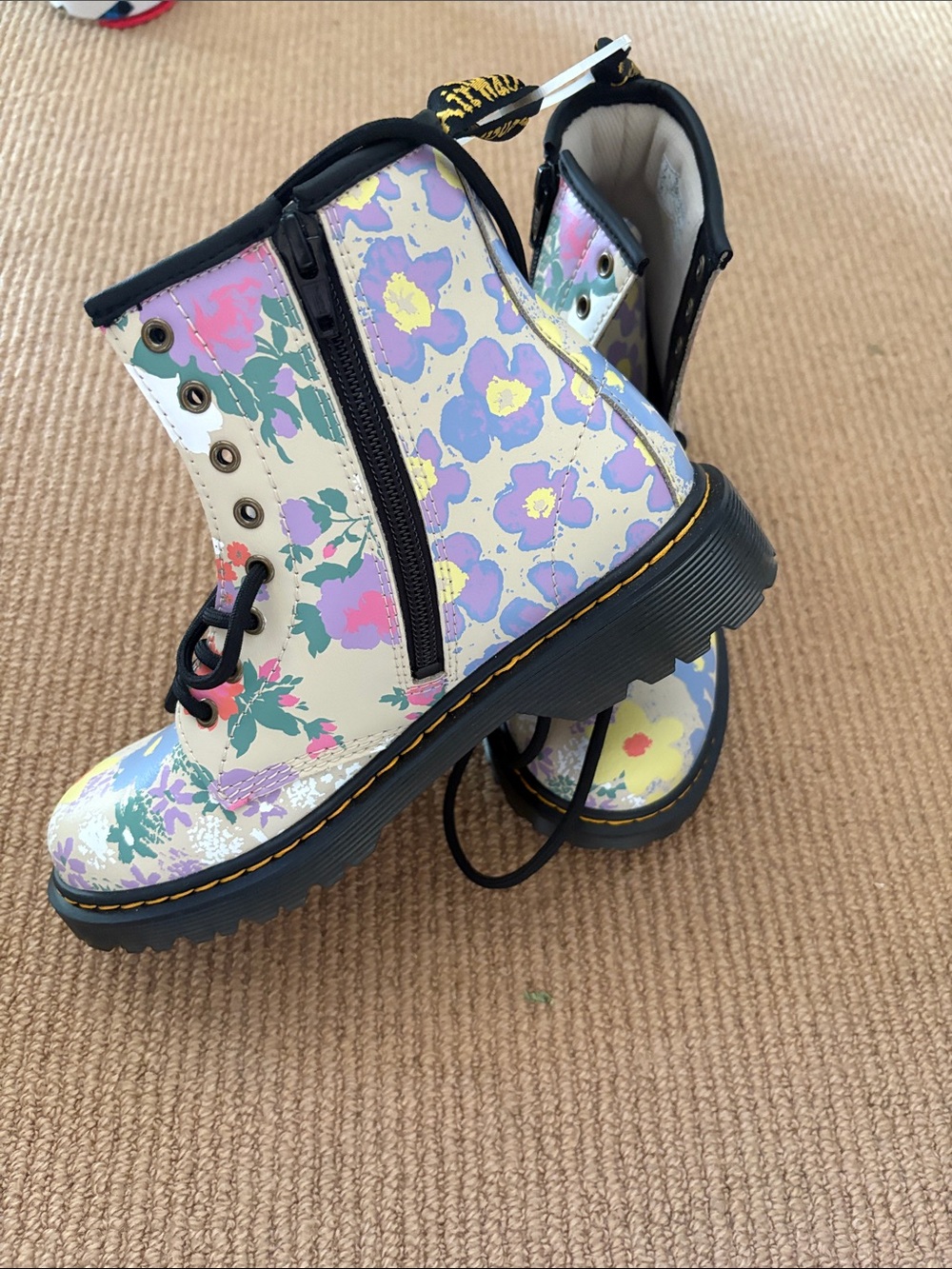 Dr. Martens Kids Floral Combat Boots - Cream with Purple, Yellow, Pink & Green - Picture 2 of 9